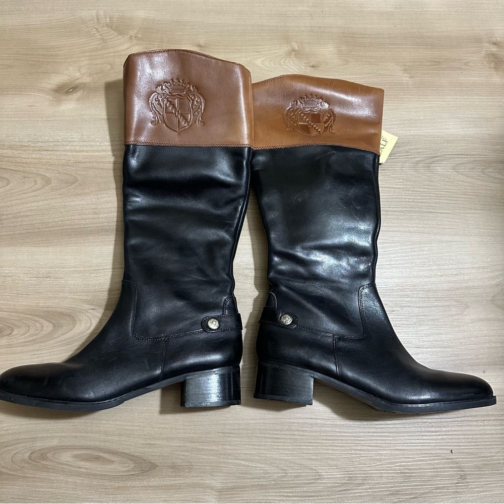 Franco Sarto Black and Brown l Chipper Leather‎ Riding Boots Size 9.5 Two Tone